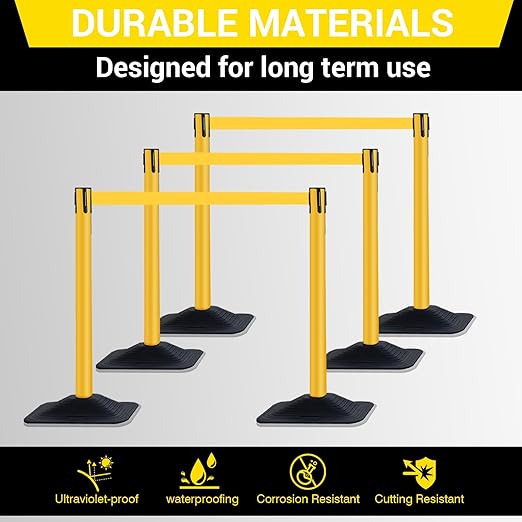 10 ft Crowd Control Stanchion Set, Crowd Control Barrier, Stanchions with Retractable Belts & Water Filled Base, Retractable Stanchions, Queue Management Stanchion (4 Pack) (Yellow)