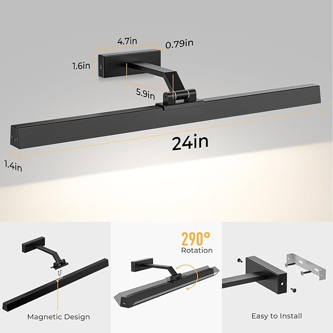 Picture Lights for Wall, Battery Operated Picture Light 24in Gallery Light for Paintings CCT Dimmable Recharging Battery Wall Light with Remote Control for Living Room Gallery Dartboard
