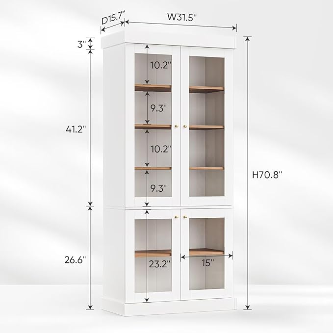 Vyre 70.8" Tall White Bookshelf with Glass Doors, Farmhouse Modular Bookcase with 6-Tier Adjustable Shelves, Large Storage Cabinet for Home Office, Living Room, Set of 3