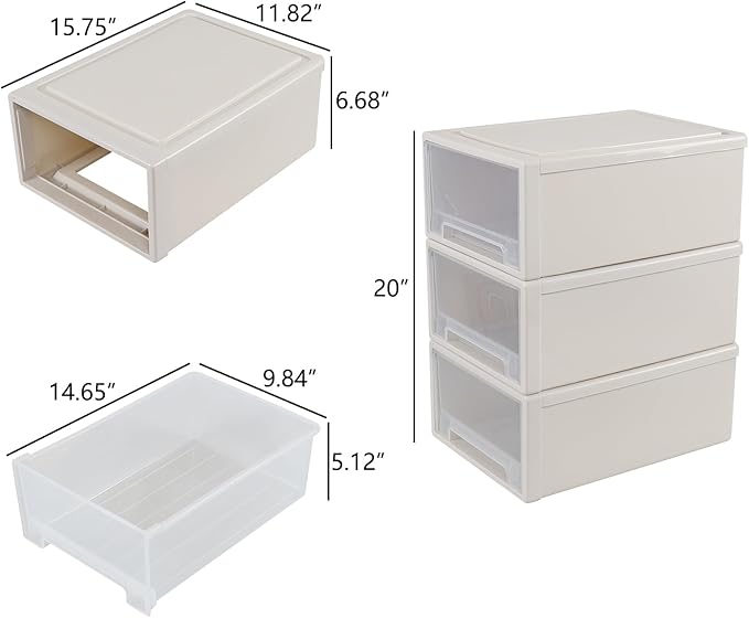 17.5 Quart Plastic Stacking Storage Drawer, Large Stackable Drawer Unit, 3 Packs