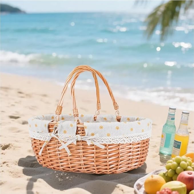 Large Wicker Picnic Basket with Handles,Handle Sturdy Woven Body with Removable and Washable Lining,Outdoor Camping,Gift Packing,Garden Picking, Storage.Yellow Flower