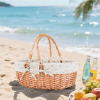 Large Wicker Picnic Basket with Handles,Handle Sturdy Woven Body with Removable and Washable Lining,Outdoor Camping,Gift Packing,Garden Picking, Storage.Yellow Flower