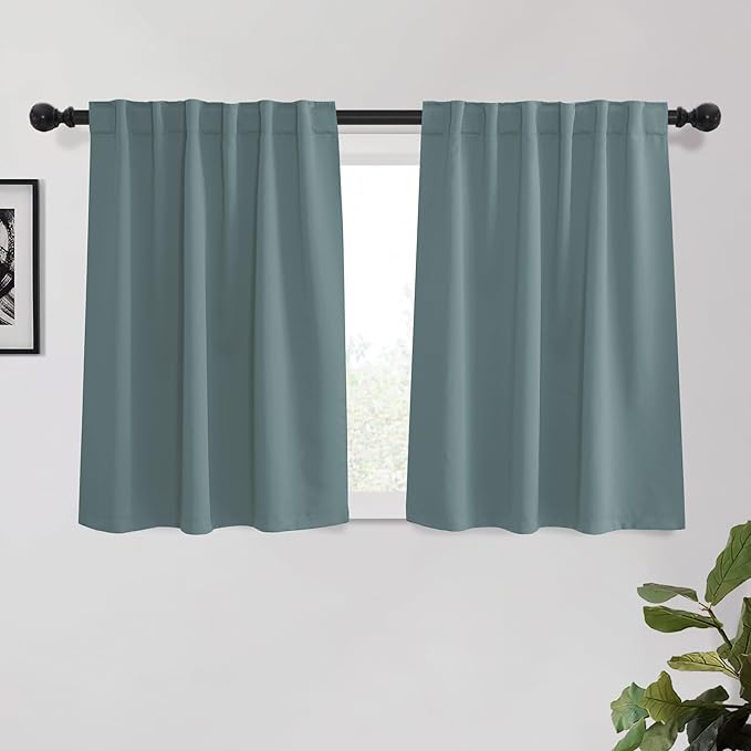 KGORGE Short Curtains 45 inch Length, Privacy Room Darkening Drapes Thermal Insulation Noise Reducing Curtains for Bedroom Dining Room, Back Tab, W52 x L45 inches, Dusty Blue, 2 Panels
