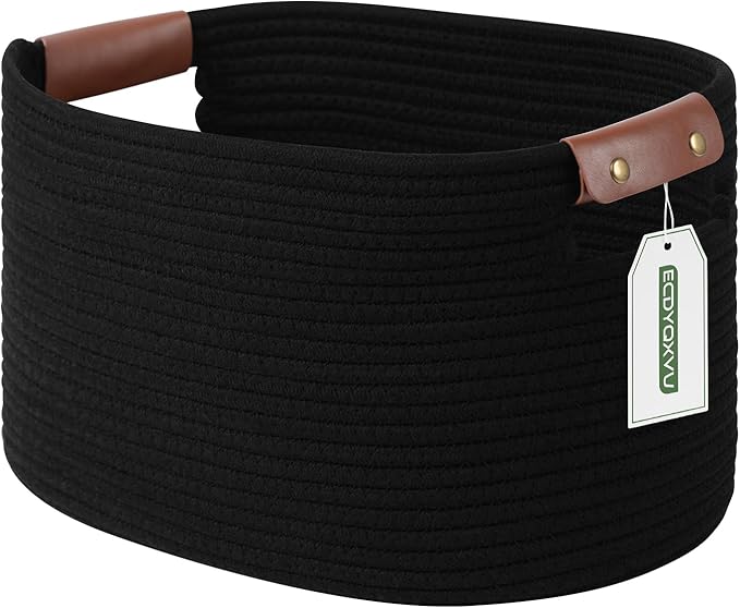 Cotton Rope Basket, Storage Baskets with Handle, 15x10x9 Inch Woven Basket for Shelves, Laundry, Towels, Clothes, Books (Black 1Pack)