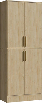 71" Tall Pantry Cabinet with 4 Doors, Kitchen Pantry Storage Cabinet, Freestanding Larder Cupboard, Utility Kitchen Hutch with Gold Handles for Dining Room, Bathroom, Natural