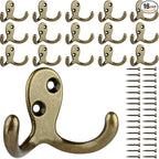 IBosins 16 Pack Heavy Duty Double Prong Coat Hooks Wall Mounted Antique Brass Wall Hook Rustic Utility Hooks for Coat, Scarf, Bag, Towel, Key, Cap, Cup, Hat