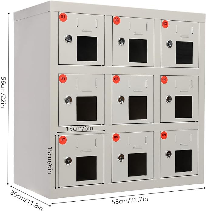 9 Slots Cell Mobile Phone Steel Locker with Lock, Cell Phone Locker with Charging Station, Cellphone Locker for Schools, Conference Rooms, and Offices