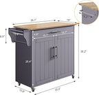 Wood Kitchen Island with Storage, Wooden Rolling Kitchen Island On Wheels with Countertop, Mobile Kitchen Island Cart with Towel Rack, Spice Rack, Adjustable Shelf and Drawers, Grey