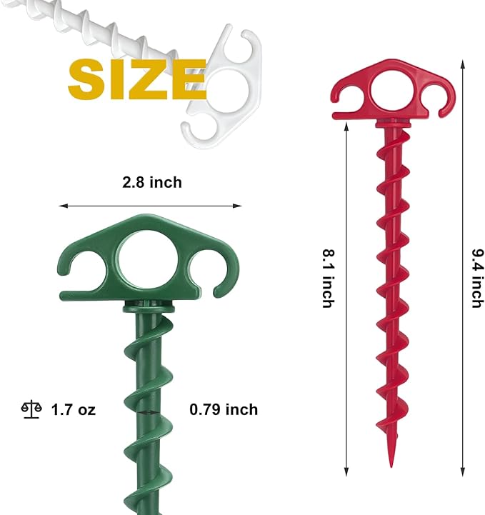 Plastic Inflatable Stakes, Tent Stake 6 Pack Sand Stakes for Beach 9.4 Inch Heavy Duty Spiral Yard Stakes for Camping, Party and Outdoor Halloween Christmas Decorations (6, Red+Green+White)