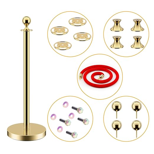 LOVMOR 6PCS Gold Stanchion Posts Queue, 38 Inch Red Velvet Rope, 5 FT Red Carpet Ropes and Poles, Crowd Control Barriers Queue Line Rope, Barriers for Party Supplies