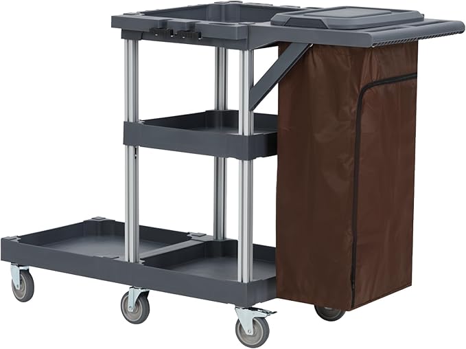 Heavy-Duty Cleaning Cart with Wheels & Shelves, 3-Tier Rolling Service Cart for Janitorial Supplies, 300 Lbs Capacity Mobile Utility Cart for Office & Housekeeping