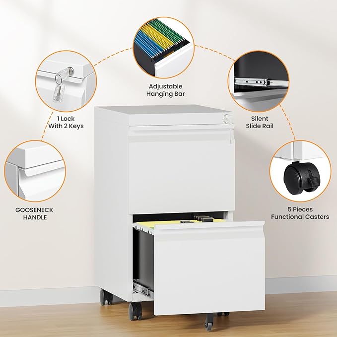 2 Drawer File Cabinet, Fully Assembled Mobile File Cabinets with Lock, Metal Rolling Filing Caninet on Wheels, Small Two Drawer Under Desk Cabnet for Letter/Legal / A4 / File Box - White