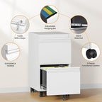 2 Drawer File Cabinet, Fully Assembled Mobile File Cabinets with Lock, Metal Rolling Filing Caninet on Wheels, Small Two Drawer Under Desk Cabnet for Letter/Legal / A4 / File Box - White