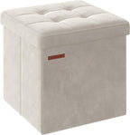 SONGMICS Small Storage Ottoman, Folding Ottoman Cube, 15 x 15 x 15 Inches, Footstool, Footrest, 11 Gal. (43 L), Velvet Surface, for Bedroom, Living Room, Dorm, Cream White ULSF227W01