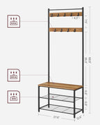 VASAGLE Coat Rack, Hall Tree with Shoe Storage Bench, Entryway Bench with Shoe Storage, 3-in-1, Steel Frame, for Entryway, 12.6 x 27.6 x 68.9 Inches, Industrial, Rustic Walnut and Black UHSR041B41