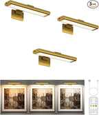 EZVALO Picture Light for Wall, Rechargeable 2400mAh Battery Lights Wireless Remote, 3 Color & Dimmable Magnetic 8'' LED Lights Display for Painting, Living Room, Gallery, Bedroom, Dashboard(Gold-3P)
