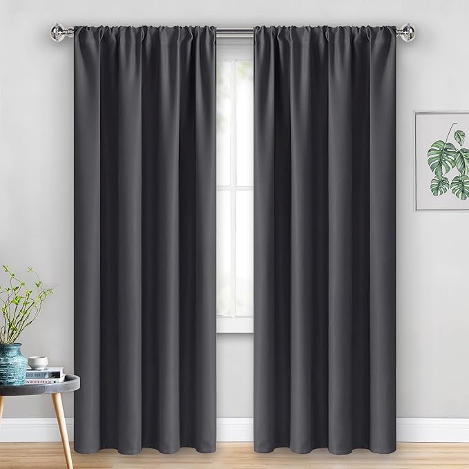 JIUZHEN Blackout Curtains for Bedroom - Thermal Insulated Room Darkening Rod Pocket Curtains for Living Room, Set of 2 Panels with Tiebacks, 42 x 84 Inch Length, Dark Grey