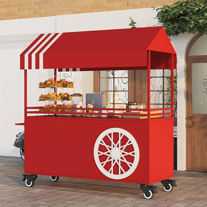 MATISUN Portable Vendor Cart with Canopy, Mobile Food Cart with Lockable Wheels for Market, Street Food & Events (Red)