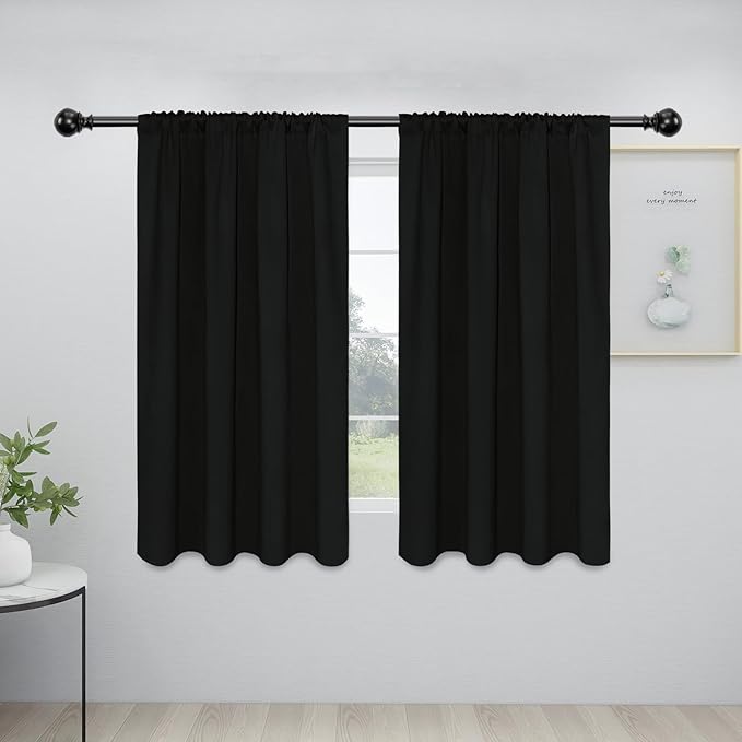 Easy-Going Rod Pocket Blackout Curtains for Bedroom, Room Darkening Window Curtains for Living Room, Thermal Insulated Noise Reduction Solid Window Drapes, 2 Panels(34x54 in, Black)
