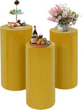 OUKANING 3 PCS Metal Display Pedestal Stands, Cylinder Gold Display Stands Pillars, Decoration Cube Sculpture Display Column for Wedding Party Baby Shower Birthday, H27.56'', 26'', 23.62''