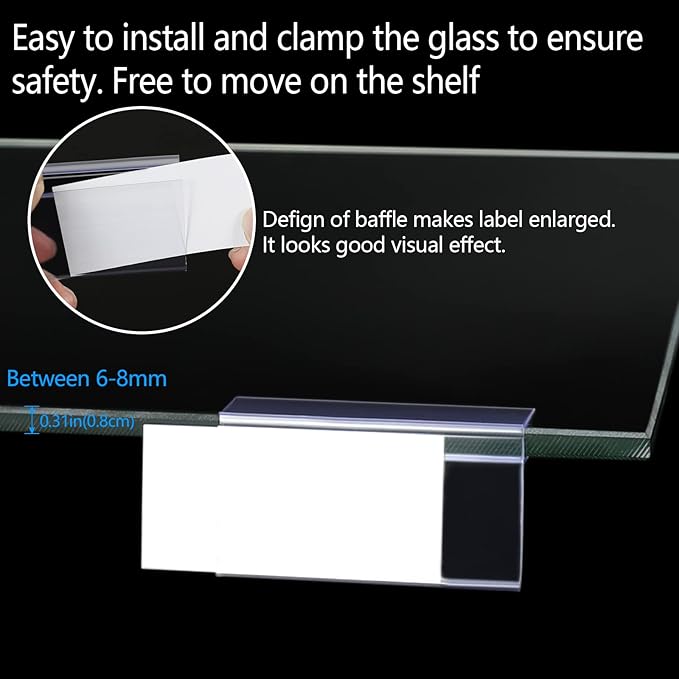 Glass Shelf Label Holders 50 pcs with Inserts Fits 1/4" to 3/8" Glass Shelving