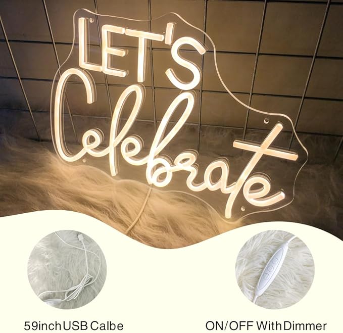 Let's Celebrate Neon Sign Warm White LED Neon Lights for Wall Decor USB-Powered Neon Signs for Living Rooms, Dining Rooms,Thanksgiving and Party Decorations(15"x10.6")