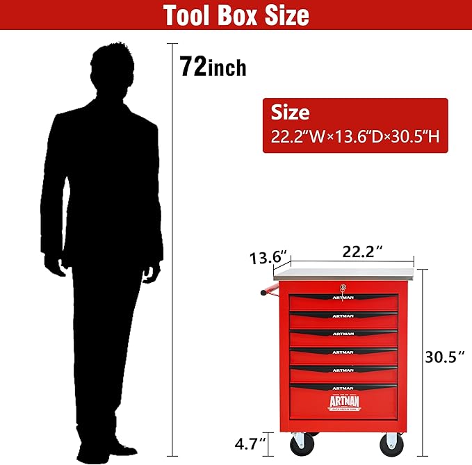 6 Drawers Tool Cart on Wheels with Stainless Steel Worktop, Heavy Duty Mobile Rolling Drawer Tool Chest with Locking Wheels & Lockable Drawers, Garage Tool Storage Cabinet (Red, 6 Drawers)