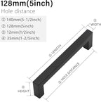 Cabinet Pulls Matte Black Cabinet Handles Square Drawer Pulls, 30 Pack 5 Inch Stainless Steel Kitchen Door Cupboard Cabinet Handles, Black Drawer Hardware Handles, 128mm Hole Centers