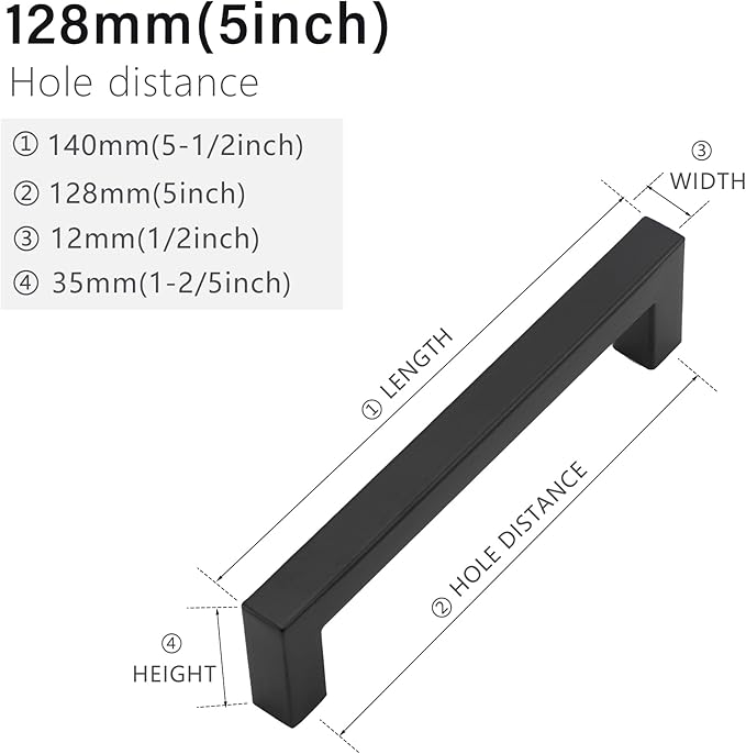 Cabinet Pulls Matte Black Cabinet Handles Square Drawer Pulls, 50 Pack 5 Inch Stainless Steel Kitchen Door Cupboard Cabinet Handles, Black Drawer Hardware Handles, 128mm Hole Centers