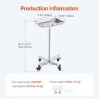 VEVOR Mayo Stand, Stainless Steel Mayo Tray, Load Capacity up to 36 lbs, Adjustable Height 31.9"-55", Medical Tray on Wheels with Removable Tray for Spa, Salon, Clinic, Personal Care