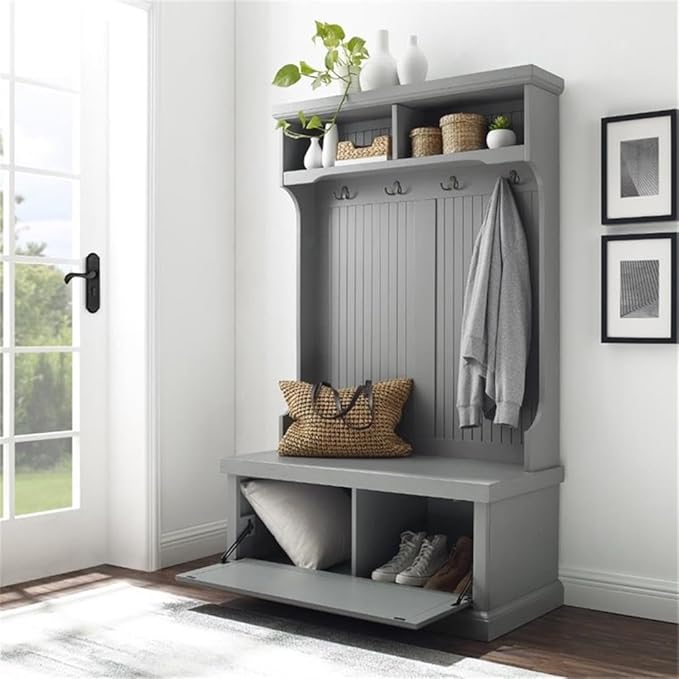 Pemberly Row Coastal Wood Hall Tree in Distressed Gray and Chrome