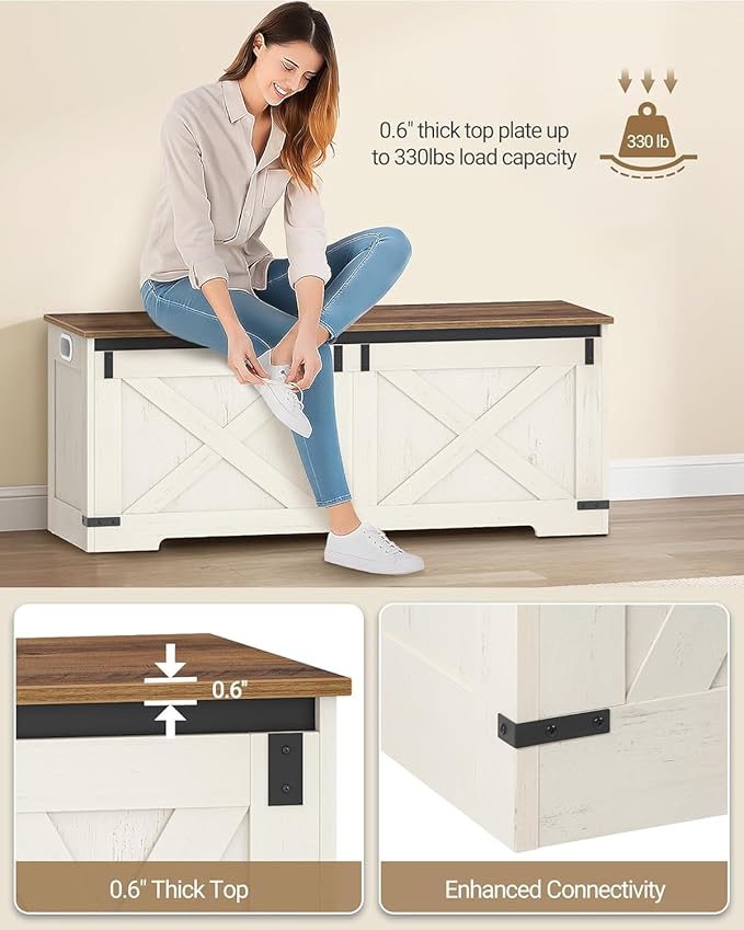 47.2" Storage Chest, Large Storage Trunk with 2 Hinges, Farmhouse Wooden Box Bench, Lift-Top Organizer Chest, Entryway Trunk for Bedroom, Living Room, White and Brown SB12114X