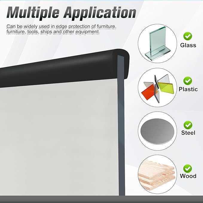 Edge Trim, 3/16" (5mm) Rubber Edge Trim, Flexible Self Adhesive U Channel Edge Protector for Glass, Mirror, Plywood, Steel Panel Sharp Edges, Peel and Stick Plastic Trim, Black Color, 20Ft