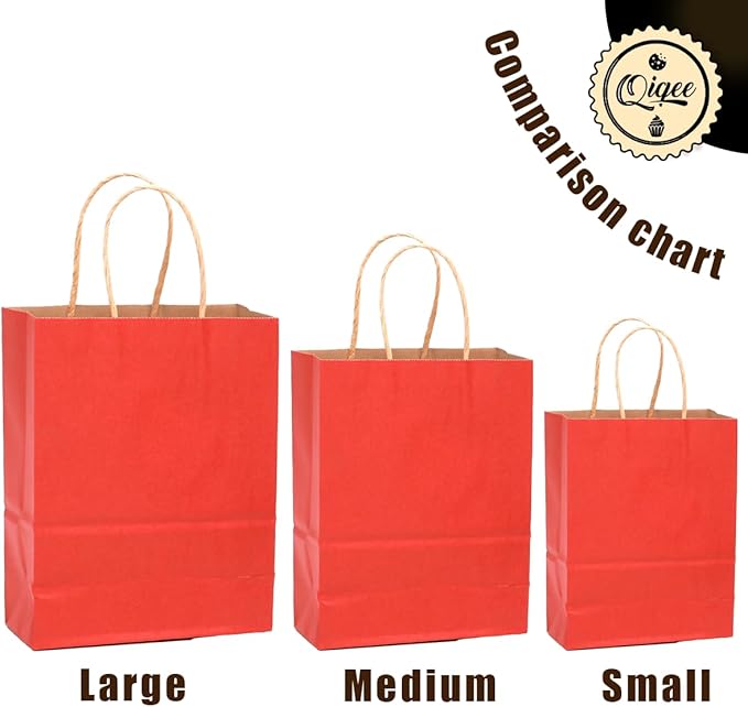 qiqee 100PCS Gift Bag with Handles Bulk Kraft Red Paper Bags Assorted Sizes(33pcs Large 13",33pcs Medium 11",34pcs Small 8")