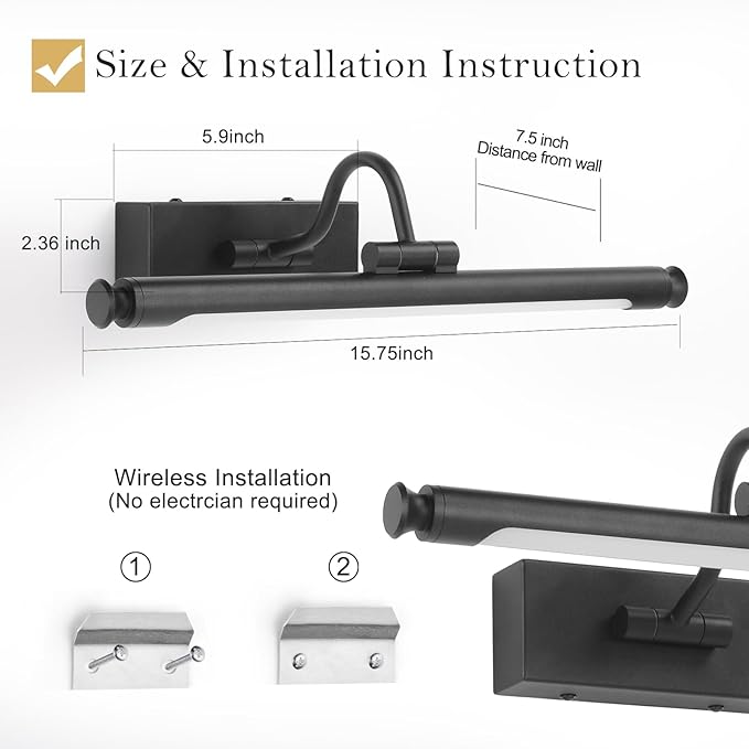 Battery Operated Picture & Frame Light – 15.7" Black Dimmable LED Wall Art Lamp with Remote Control, Timer, Adjustable Arm for Paintings, Portraits & Frames