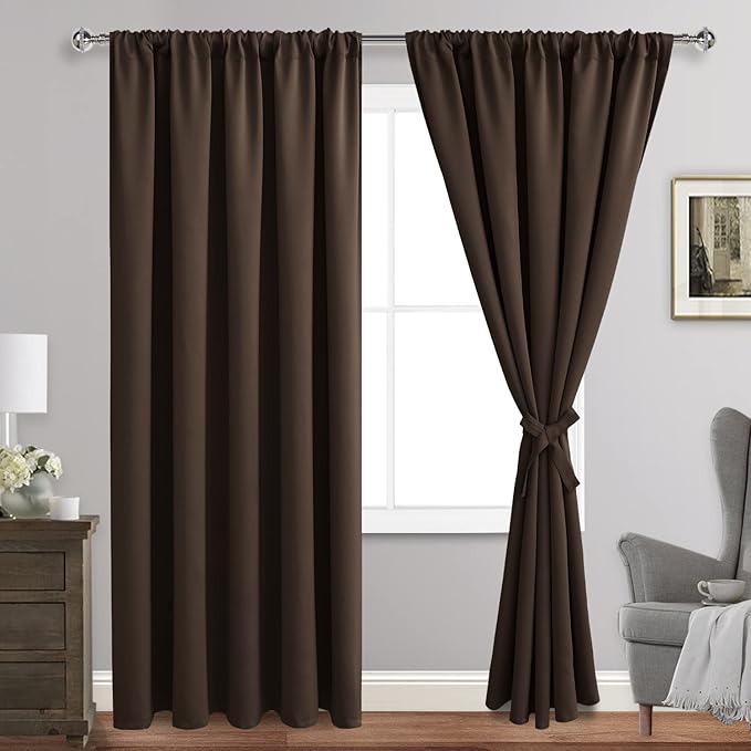 JIUZHEN Blackout Curtains for Bedroom - 60 Inch Extra Wide Thermal Insulated Room Darkening Privacy Soundproof Curtains for Living Room, Set of 2 Panels with Tiebacks, 60 x 84 inches, Brown