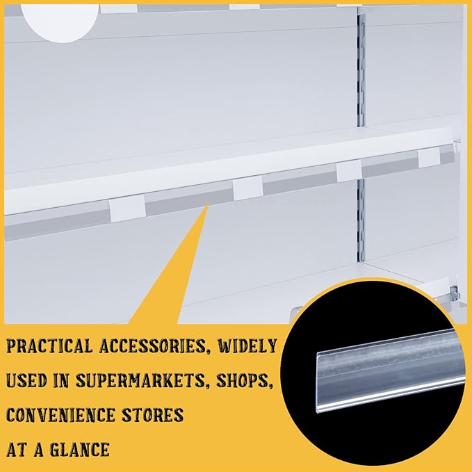 Fainne 100 Pcs Shelf Label Strips 1.5''H x 48 L Self Adhesive Shelf Label Holder Gondola Price Tag Stick on Plastic Clear Ticket Channel for Metal Wood Plastic Rack