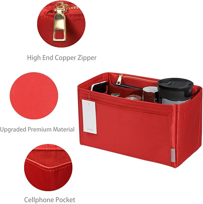 ZTUJO Purse Organizer Insert For Handbags, Silky Touching Bag Organizer Insert With Bottle Holder, Perfect for Speedy, Neverfull, Tote,ONTHEGO,Artsy,Handbag and More (Slender Medium, Silky Red)