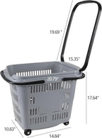 50 L Plastic Shopping Basket with Wheels, 4-Pack Large Rolling Shopping Basket with Handle, Grey