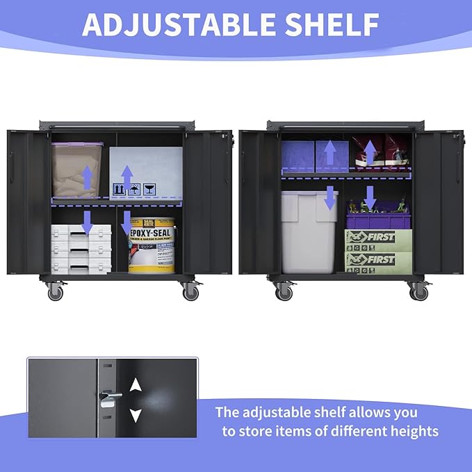 Metal Garage Storage Cabinet on Wheels, Lockable Rolling Tool Cabinet with Doors and Shelves, Heavy Duty Mobile Steel Cabinet for Garage Warehouse Workshop