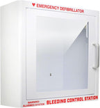 AED Defibrillator Wall Mounted Cabinet with Bleeding Control Kit Storage, 20-Gauge Steel, Large 17.4x17.3x6.9 Inch, Durable Metal Cabinet with Clear Window & Door Activated Alarm–Fits All AED Brands