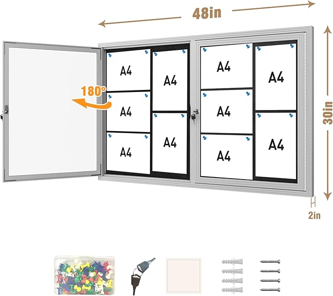 Mifuro 48"x30" Enclosed Bulletin Board, Outdoor Lockable Weather-Resistant Aluminum Cork Noticeboard for School & Office, Silver Frame w/Black Flet