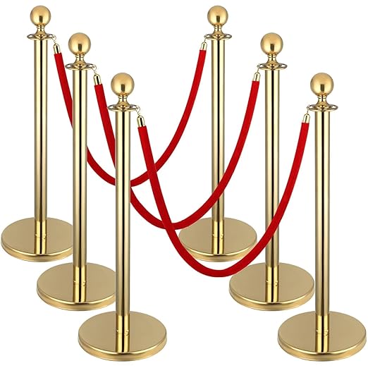 6Pack Stanchions and Velvet Ropes, 5 ft Red Velvet Rope and Poles, Red Carpet Ropes and Poles Set, Gold Stainless Steel Stanchion Posts Red Carpet Runner Poles for Party Supplies