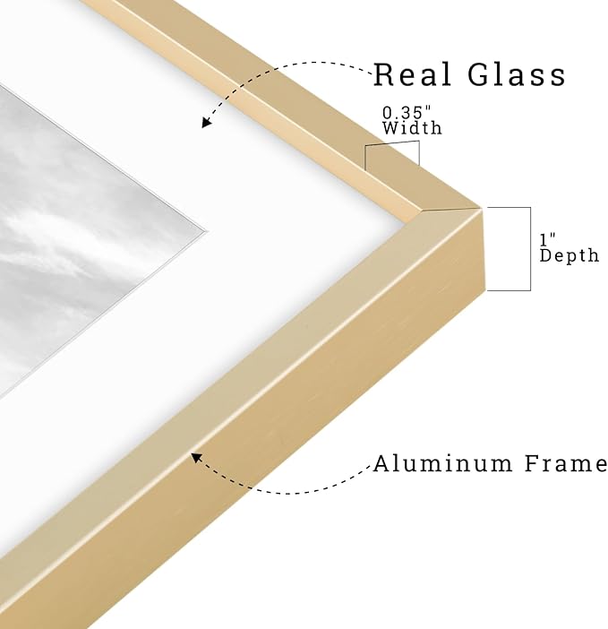 Frametory, 11x14 Metal Picture Frame with Mat for 8x10 Picture & Real Glass, Aluminum Photo Frame Collection (Gold, 2 Pack)