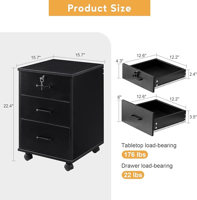 TUKAILAi Mobile File Cabinet with 3 Drawers, Lockable Storage Unit Wooden Rolling Office Filing Cabinet with Wheels, for Legal/Letter/A4 Sized Documents Home Office (Black 2PCS)