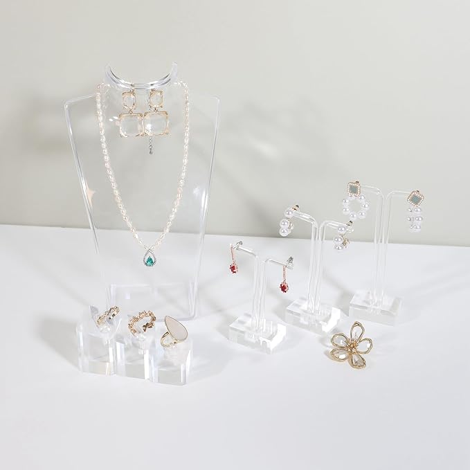 GemeShou Acrylic Jewelry Necklace Bust and Earring Display Stand, Transparent Necklace holder for selling, Clear 3D Jewelry Mannequin Holder 【Acrylic bust- set of 3】