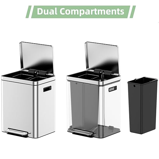 Dual Compartment Trash Can - 2 X 4 Gal (2 x 15L) Stainless Steel Trash Can, Double Sorting Bin with Soft Close Lids, Removable Inner Bucket, Step-on Recycling for Kitchen Home Office