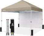 CROWN SHADES 8x8 Pop Up Canopy with 1 Side Wall - Beach Tent with One Push Setup - Outdoor Sun Shade for Events, Parties, Camping - Gazebo with STO-N-Go Cover Bag (Beige)