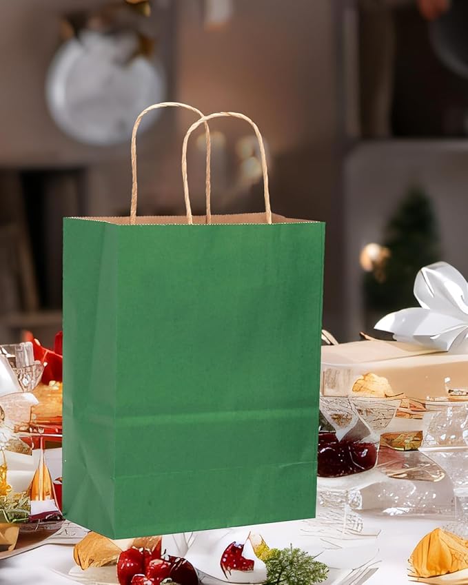 qiqee 100PCS Gift Bag with Handles Bulk Kraft Deep Green Paper Bags Assorted Sizes(33pcs Large 13",33pcs Medium 11",34pcs Small 8")