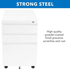 Mount-It! 3 Drawer Cabinet for Under Desk with Wheels | Rolling Storage with Lock for Supplies, Files, and Materials, Mobile Space Saving for Home and Office (White)